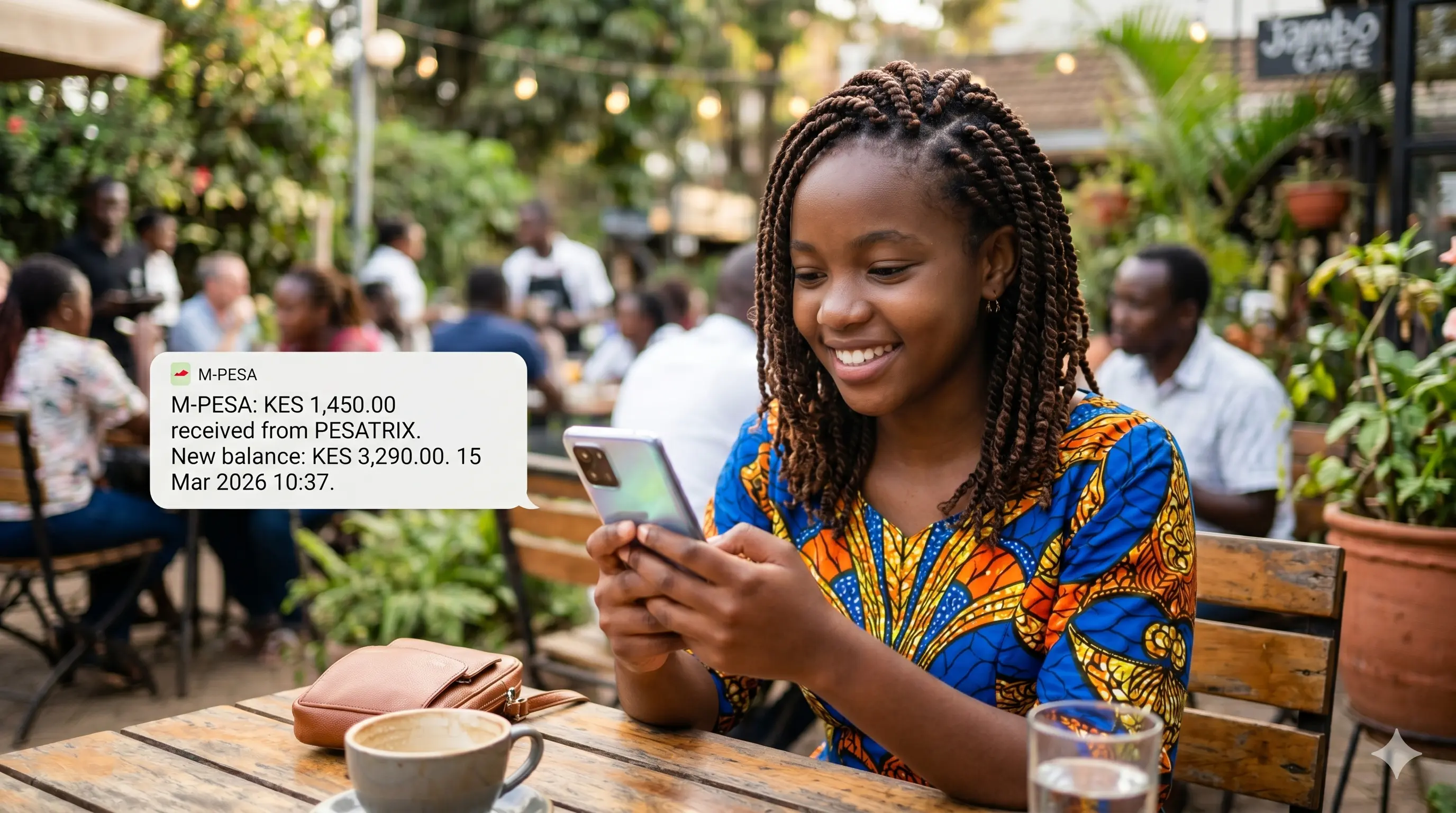 Kenyan woman smiling after receiving a Pesatrix M-Pesa payment